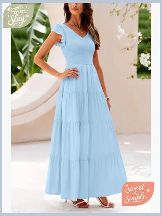 Flowy Maxi Dress with Smocked Top V Neck Cap Sleeve Summer Casual - Picture 6 of 7